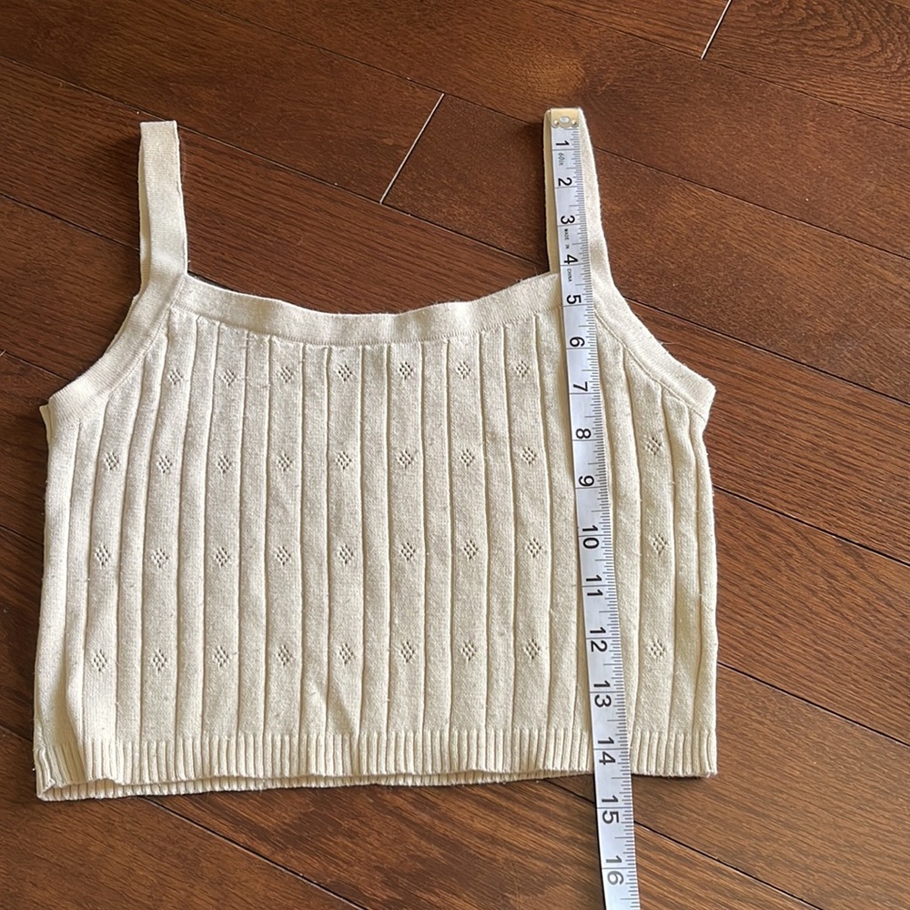 Pointelle Ribbed Knit Beige Crop Top - Picture 3 of 5